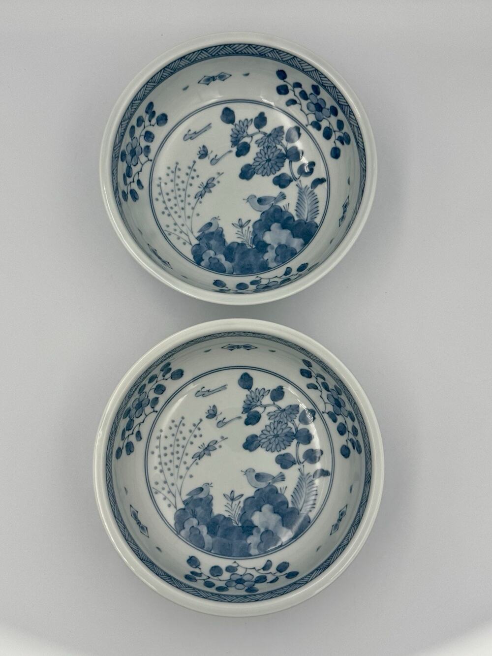 Blue & White Porcelain Bowls Set of 2 Japanese Style Bird & Floral 7.5”